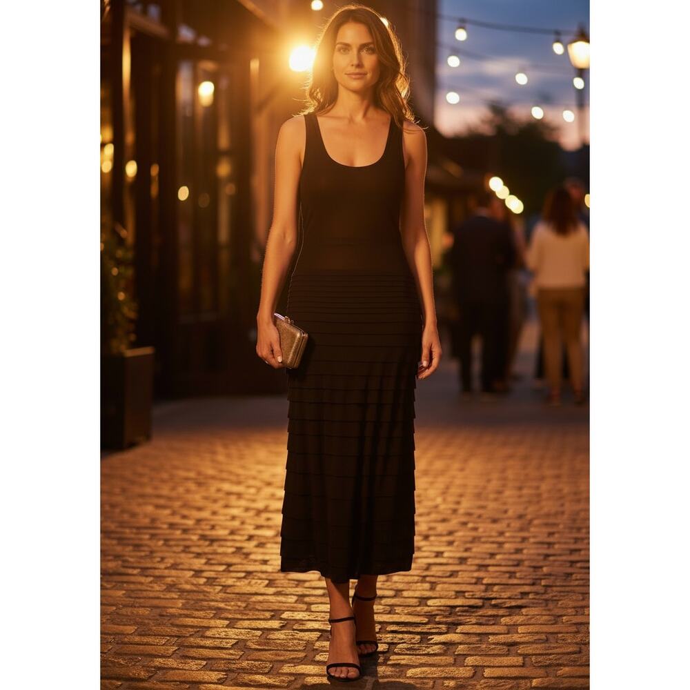 Valentino Vintage Black Layered‎ Viscose Tank Dress IT 44
